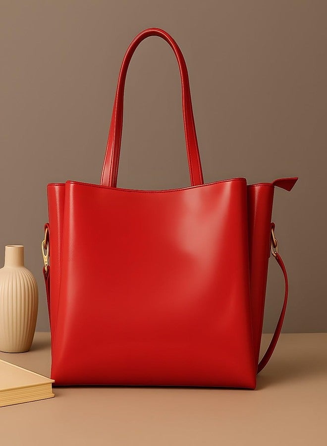 HaveGlam Large Faux Leather Tote Handbag for Women, Shoulder Bag with Gold Hardware, Available in 4 Colour (Red) - Image 3